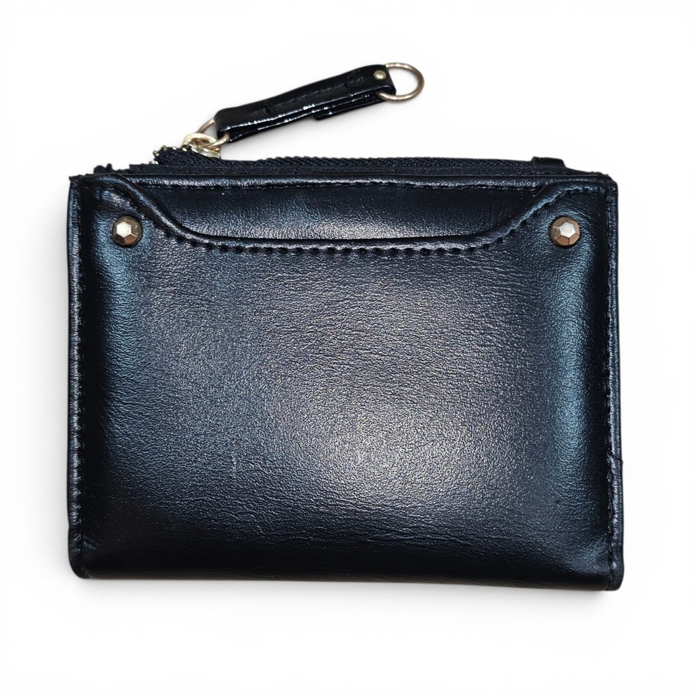 Bifold Wallet Womens Black Excellent Faux Leather Gold Zipper Coin Pocket